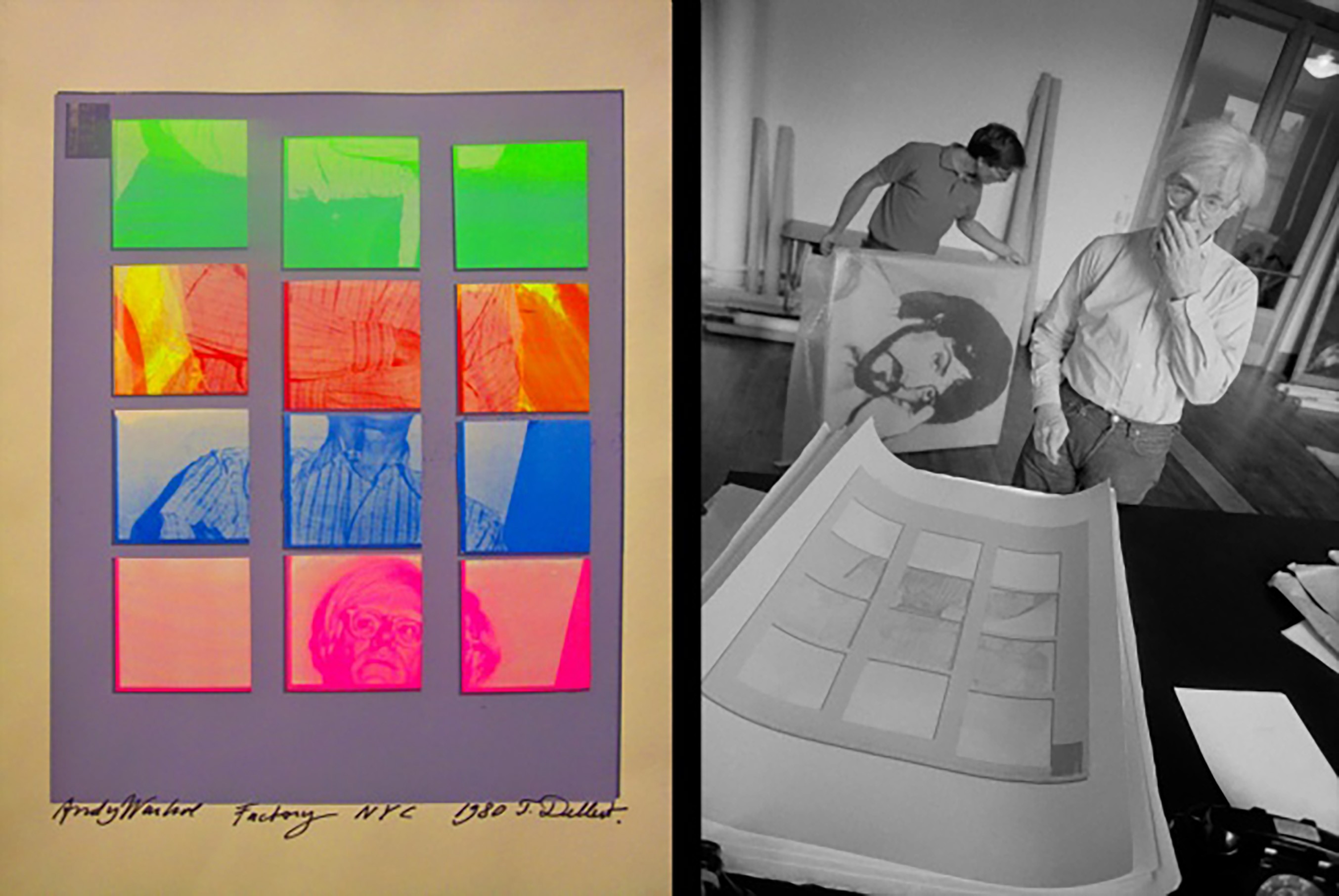 Andy WArhol looking at Thomas Dellerts art in his Factory NY 1980